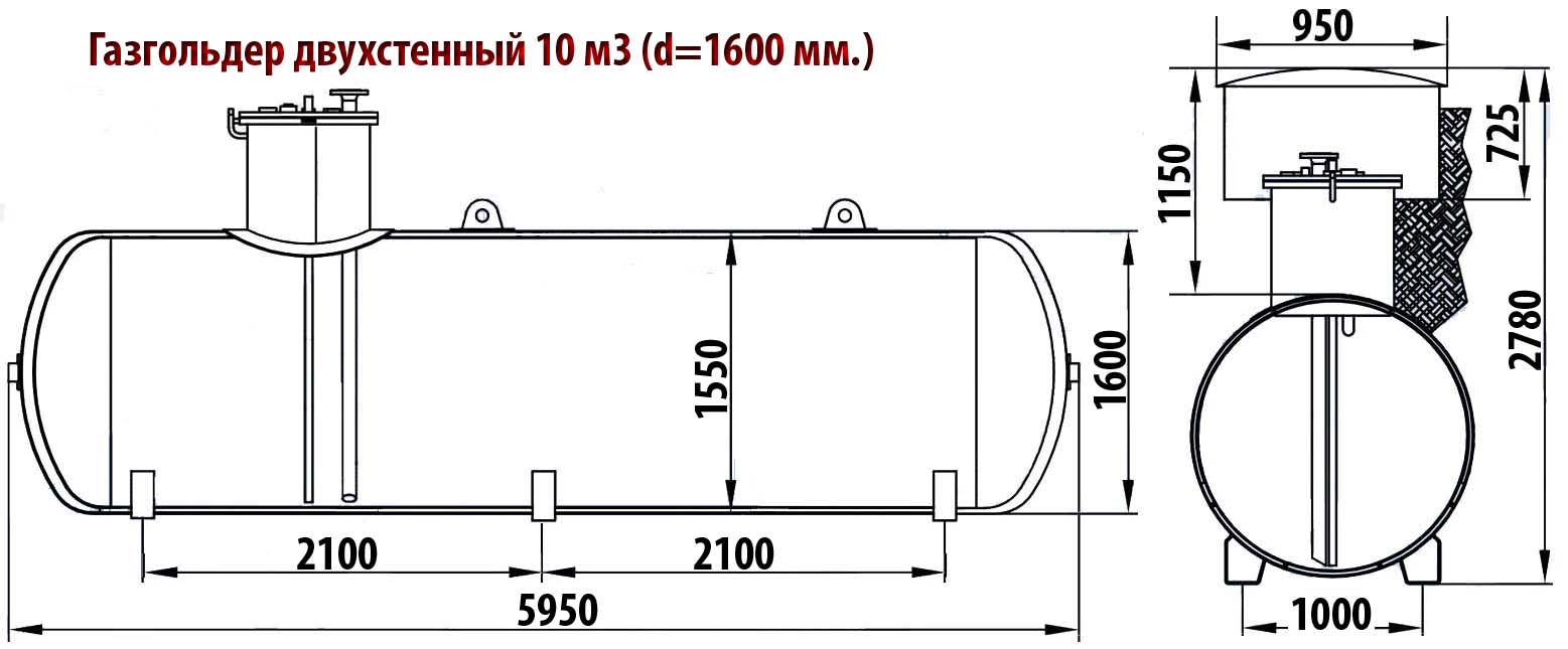 Подземный газгольдер двухстенный 10 м3 диаметр 1600 мм. чертеж.